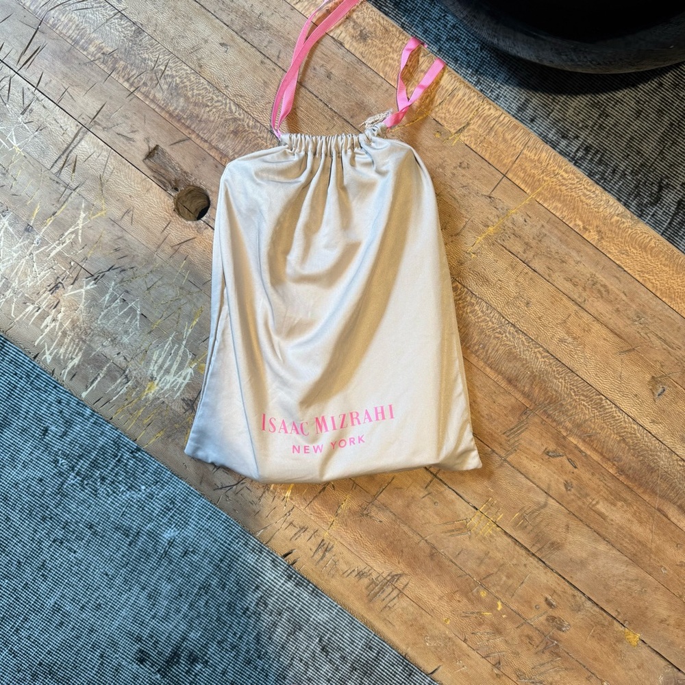 Isaac Mizrahi Cream Drawstring Bag with Pink Accents